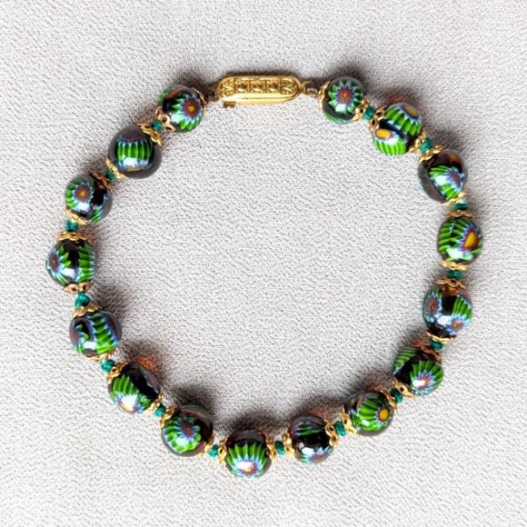 Venetian Murano Millefiori Glass Bead Bracelet 7 3/4” - Picture 2 of 4